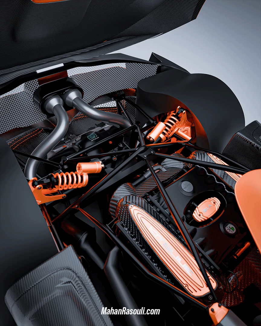 Mid-mounted V8 engine bay – exposed mechanics