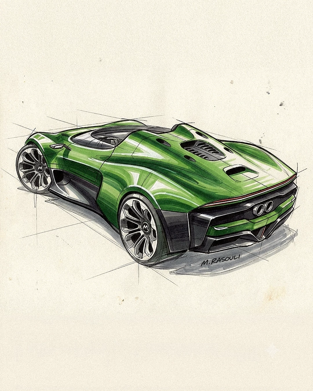 A paper sketch of Kitsune Project One Concept with black and green markers