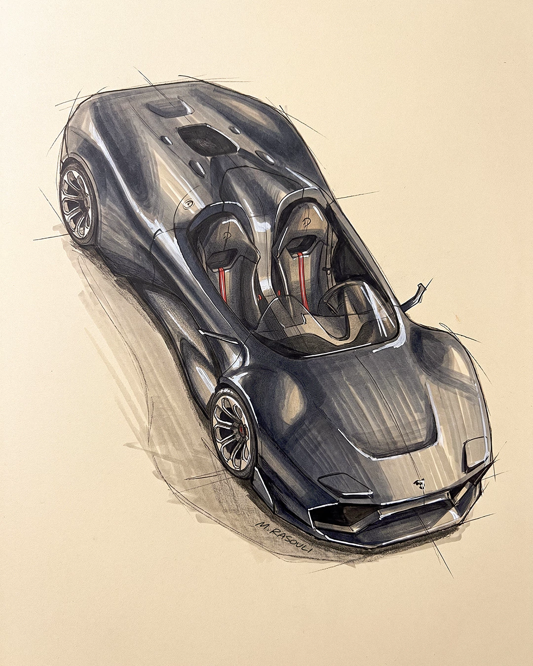 A paper sketch of Kitsune Project One Concept fron top angle with gray and black markers