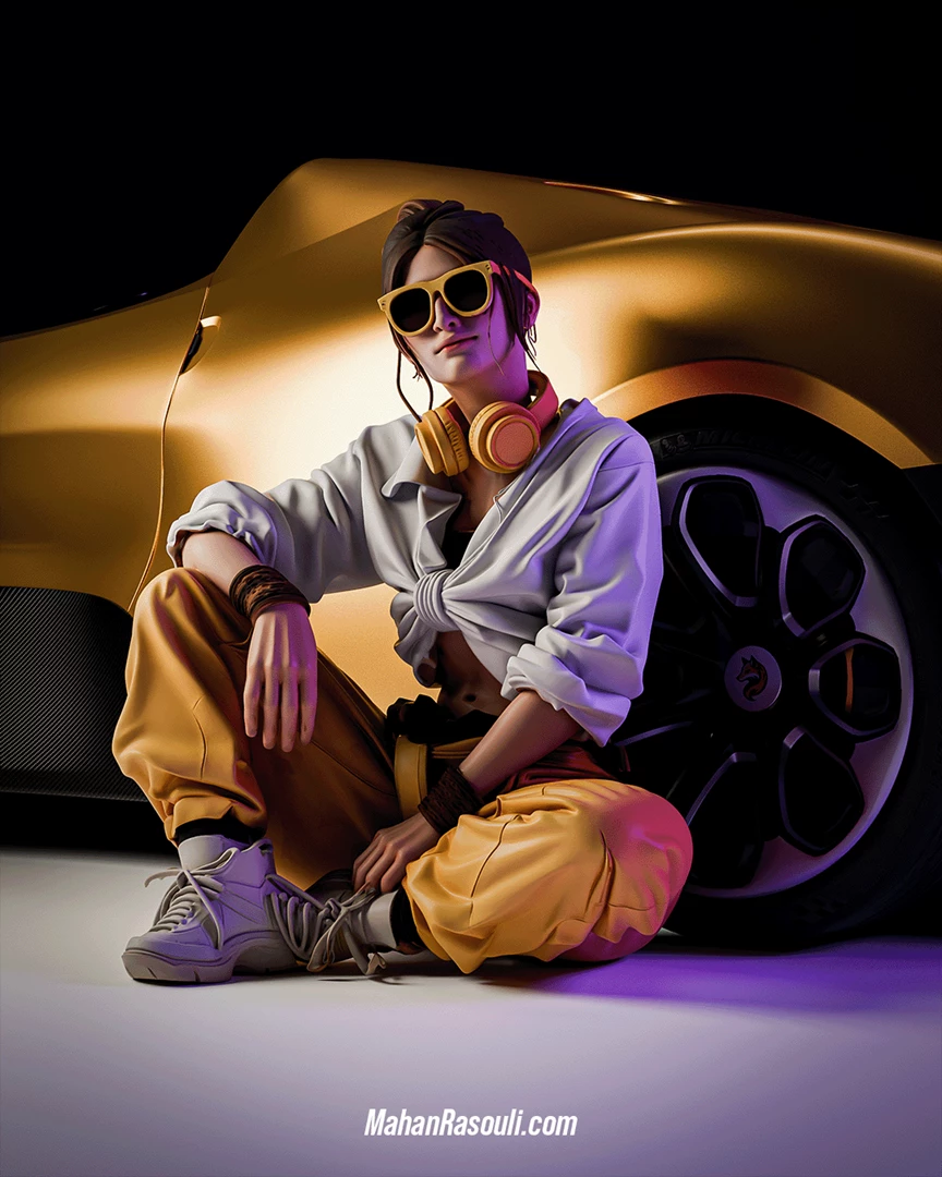 Lifestyle shot – girl with headphones leaning on the car